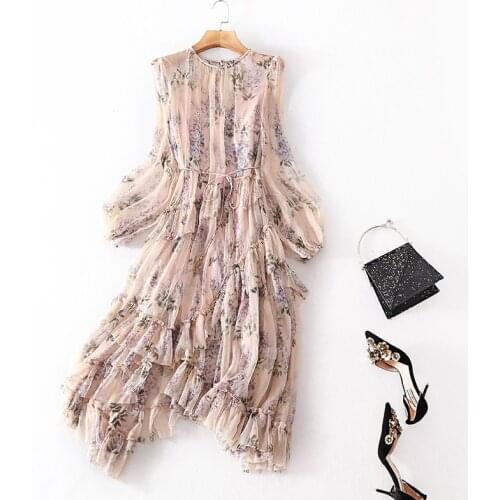 Autumn new womens printed silk dress stitching lace up swing skirt long sleeve irregular skirt