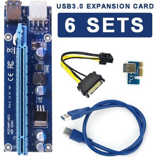 6pcs PCI-E Riser Card 1x to 16x VER 006C Mining Extender Board PCI-E to USB 3.0 Adapter 6Pin Power Cord Converter