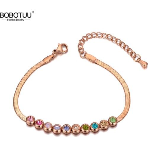BOBOTUU Titanium Stainless Steel Mixed Color CZ Crystal Charm Bracelets For Women Bohemia Rose Gold Snake Chain Bracelet BB20046