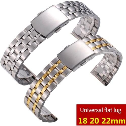 Stainless Steel Watch Band Double Side Folding Buckle Flat Steel Band Mens and Womens Watch Bracelets 18 20 22mm