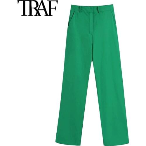 TRAF Women Chic Fashion Side Pockets Wide Leg Pants Vintage High Waist Zipper Fly Female Trousers Mujer