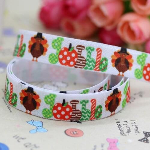 DHK 5/8'' 5yards Fold Over Elastic FOE thanksgiving day turkey printed headband hair band diy decoration OEM Wholesale E220