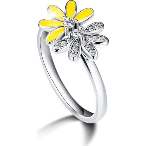 Dazzling Half Daisies Rings 100% Authentic 925 Sterling-Silver-Jewelry with Yellow Enamel Free Shipping