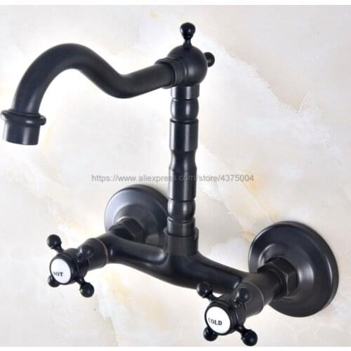Oil Rubbed Bronze Dual Cross Handles Wall Mounted Hot & Cold Bathroom Kitchen Basin Sink swivel Faucet Mixer Tap Nnf459