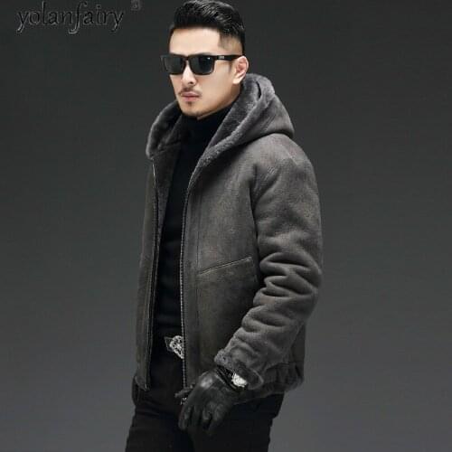 Winter Jacket Men Real Fur Coat Hooded Sheep Shearling Natural Fur Coats Vintage Clothes Genuine Leather Two Side Wear 19-3507