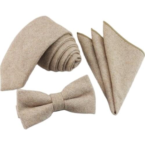 100% Wool Mens Ties Bowtie Pocket Square Beige Handkerchief Narrow Ties Hanky Suit Set For Men Business Wedding Party Gravata