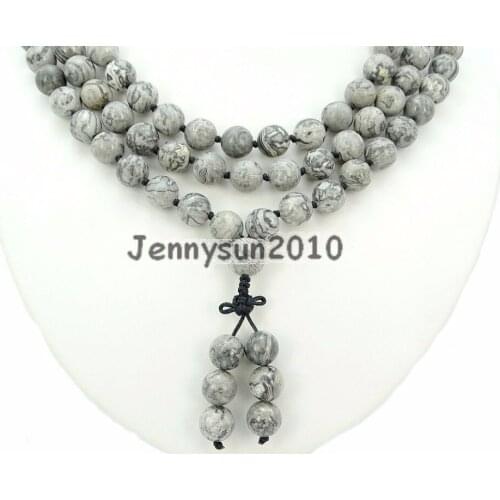 Natural Landscape 10mm Gems Stone Buddhist 108 Beads Prayer Mala Knot Necklace Multi-Purpose 5Strands/Pack