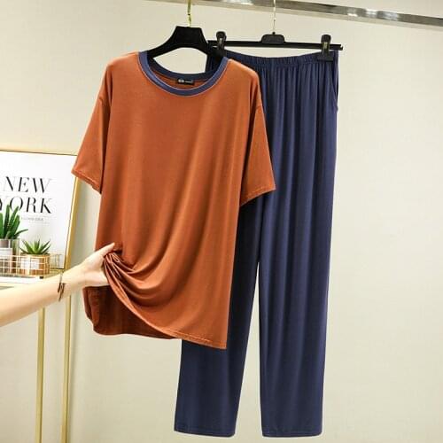 Orange 2PCS Nightwear Modal Men Pajamas Suit PLUS SIZE 4XL-6XL Shirt&Shorts Sleepwear Nightgown Pyjamas Elastic Waist Homwear