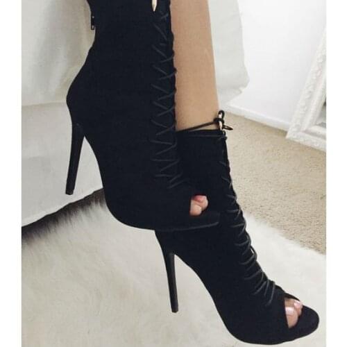 New fashion black suede lace-up ankle boots sexy open toe woman high heel boots summer fashion boots