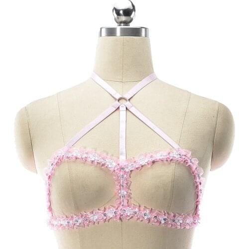 Original Design Harness Bra Pink Lace Sexy Bondage Body Cage Open Chest Wedding Lingerie Belt Pastel Goth Body Harness Bra