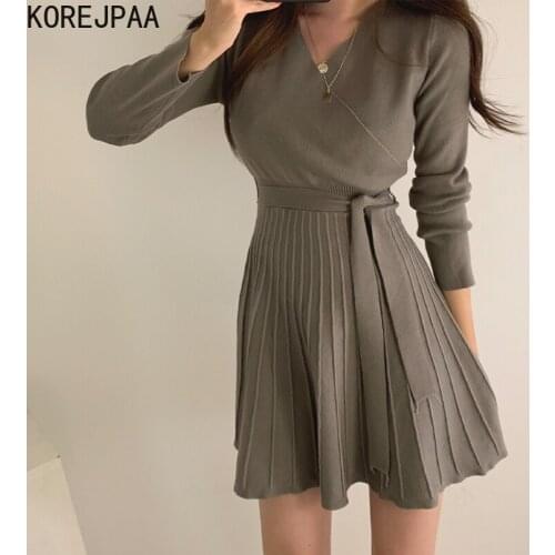 Korejpaa Women Dress 2021 Korean Fashion Chic Autumn Elegant Temperament V-neck Cross Tie Waist Pleat Knit Short Vestidos Female