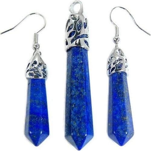 FYJS Unique Silver Plated Hexagon Prism Lapis Lazuli Drop Earrings Jewelry Sets for Party Gift
