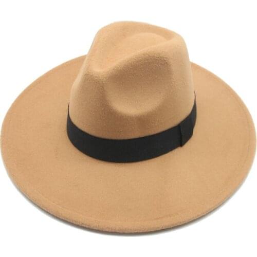 Fedora women hats big birm 9.5cm ribbon band felted hats black white khaki wedding church outdoor hats sombrero panama hombre