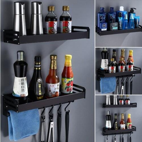 Black space aluminum kitchen condiment storage rack bathroom rack wall mounted season rack perforated bathroom shampoo holder