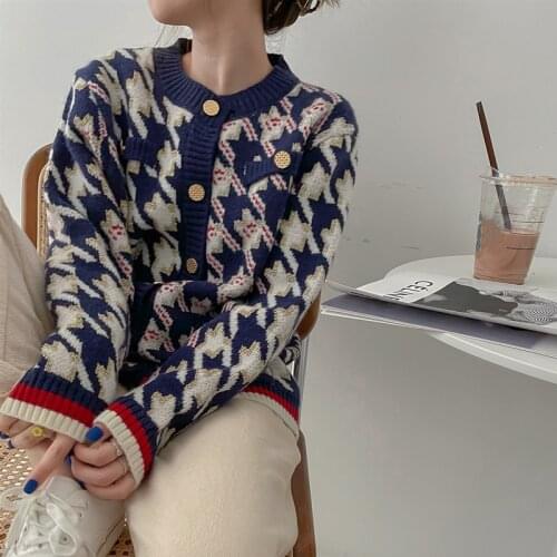 Sweater knitting cardigan grid New winter gold thread relaxed joker restoring ancient ways han edition women o-nec