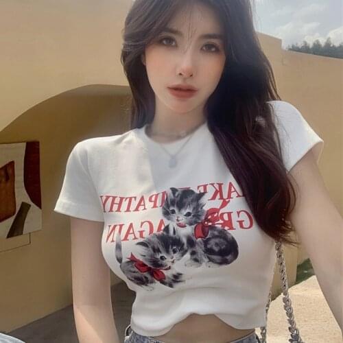 Cute Animal Printed Crop Top Ladies Slim T Shirt Harajuku Tee Top Short Sleeve O Neck Pullovers Women Casual Cute Top