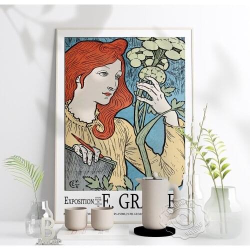 Grasset Exhibition Museum Poster, Grasset Red Hair Woman Observes And Record Plants Art Prints, Vintage French Wall Home Decor