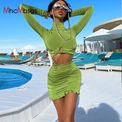 Women Two Piece Set Sexy Turtleneck Long Sleeve Twist Crop Tops+High Waist Ruched Pleated Mini Skirt 2021 Autumn Harajuku Outfit