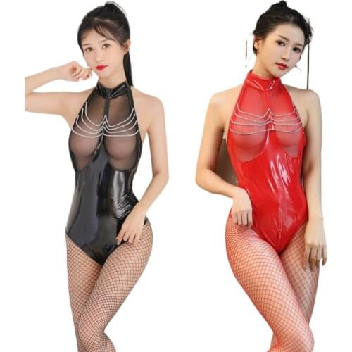 S-5XL Red Black PU Ladies Fashion Leather Hot Women Clubwear Double zipper Bodysuit Sexy PVC Jumpsuit Costume Wetlook Catsuit