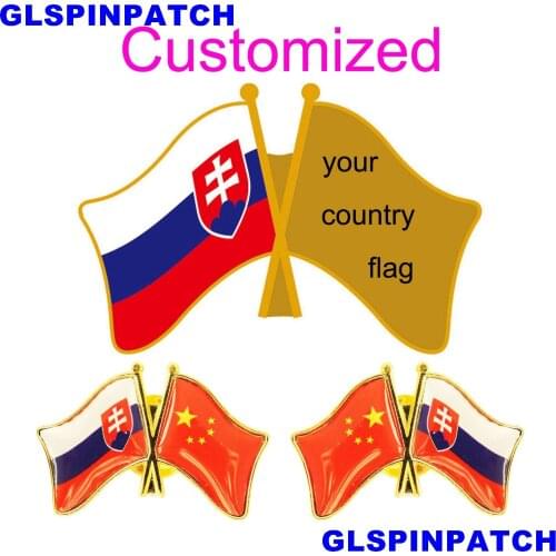 Slovakia Crossed Friendship Flag Double Country lapel pin Brooch USA UK France Chile Russia Saudi Arabia Japan Spain Badge