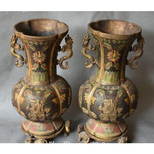 12" Cloisonne Bronze 24K Gold Gilt Wealth Loong Dragon Bottle Vase Flask Pot Jar