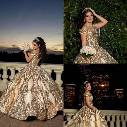 2021 Champagne Gold Ball Gown Quinceanera Dresses Beaded Off Shoulder Tulle Sequined Sweet 15 16 Dress XV Party Wear