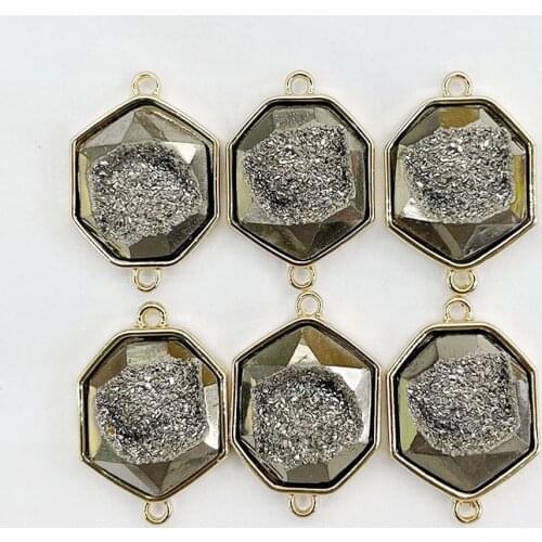 Fashion Natural stone Crystal Cluster Double hole gold color charm Connector pendant for jewelry making Bracelet accessories 6pc