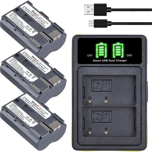 3Pcs BP-511A BP-511 BP 511 511A BP511 BP511A Batteries + LED USB Dual Charger for Canon EOS 40D 300D 5D 20D 30D 50D 10D D60 G6