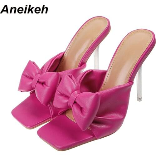 Aneikeh 2021 NEW Sexy Women Shoes Summer Butterfly-Knot Head Peep Toe Thin High Heel Sweet Fashion Solid Shallow Ladies Slippers