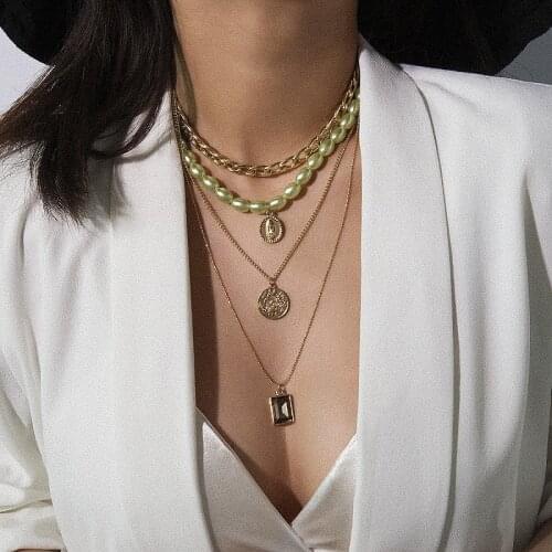 Distant Star Fashion Multilayer Chokers Necklaces Women Pearl Gold Metal Bohemian Pendants Portrait chain Necklace Jewelry Gift