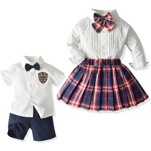 Childrens College Style Sets Baby Girls Clothing White Short Sleeve T-Shirt Big Bow Tie Plaid Knee Skirt Boys 2Pcs Clothes 1-6Y