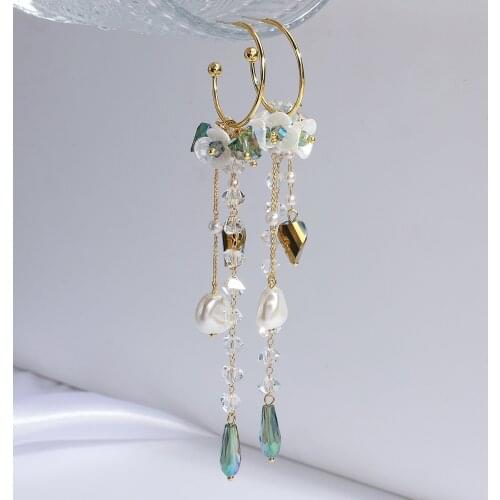 Lifefontier Korean Elegant Green Crystal Pearl Long Tassel Earrings for Women Flower Petal Drop Earrings Wedding Party Jewelry