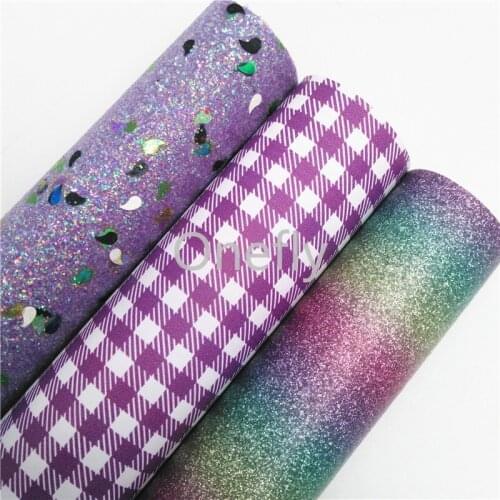 Onefly 21X29CM Purple Glitter Fabric, Plaids Synthetic leather Fabric Sheets For Bow DIY handbags shoes BQ013