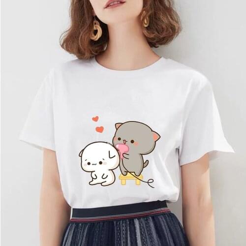 Summer Cartoon Cat Print Casual Harajuku Kawaii Women Tshirt Short Sleeve Casual O Neck Clothes Top Streetwear Female Ropa Mujer