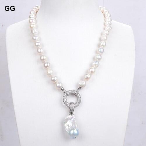 GG Jewelry Natural Cultured White Baroque Pearl Necklace CZ Baroque Keshi Pearl Pendant For Women Lady Gift