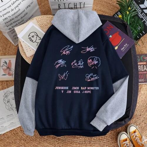 Autumn Winter Hit Color Stitching Fleece Women Hoodies Bangtan Boys Love Yourself Member Name Gradient Print Harajuku Sweatshirt