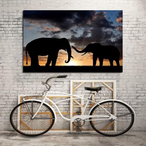 Two Elephants Canvas Picture Art Sunrise Landscape Wall Painting Posters and Prints Animal Artwork for Living Room No Frame