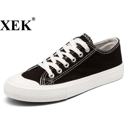 XEK Womens Vulcanize Shoes Summer Canvas Shoes Breathable Sneaker Female For Solid Flat Lace-up Black White Grey Shoe WFQ11