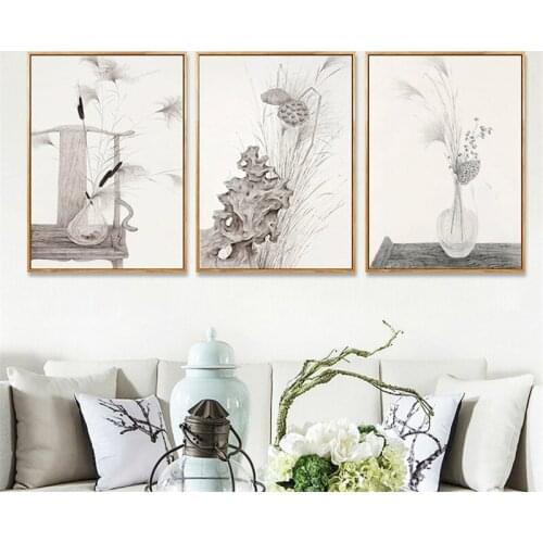 Chinese Style Ink Plants Lotus And Chairs Vases Reeds Canvas Painting Sofa Background Wall Picture Poster Living Room Decoration