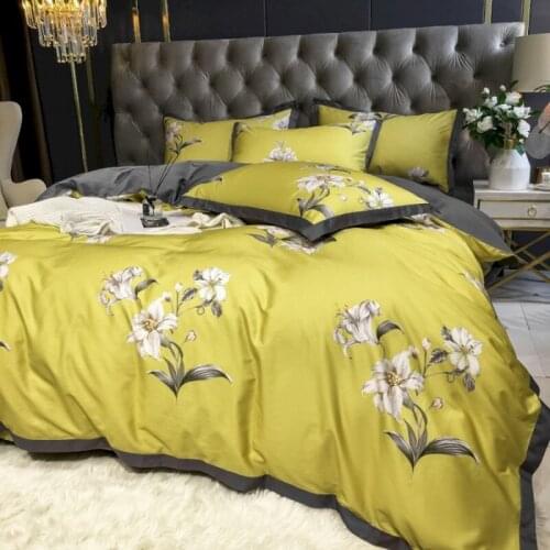 High-quality Egyptian Cotton Bedding 4-piece Set, Yellow Floral Pattern, Silky Smooth Family Suit, large American large Duvet