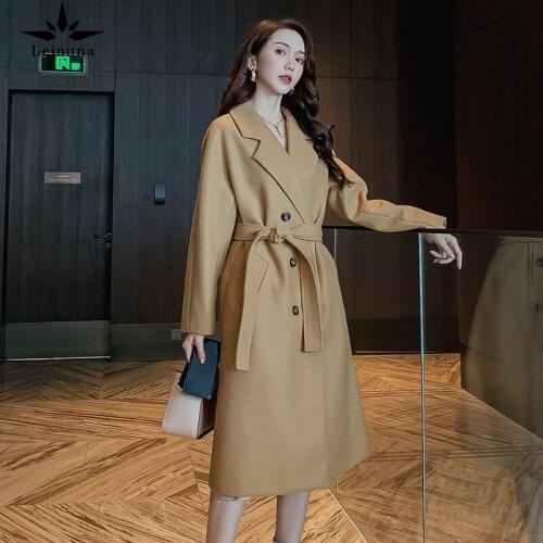 Korean Casual Loose A-Line Belt 2020 Fashion Women Wool Blend Trench Coat Double Breasted Long Coat With Autumn Winter Clothes