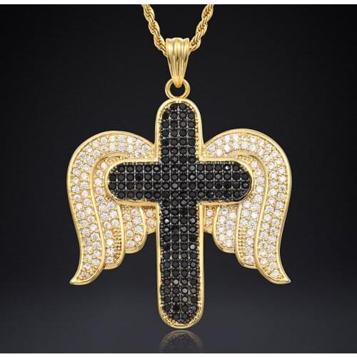 Ice Out Cubic AAA+ Zircon Angel Wings Pendant Necklace with Rope Chain Hip Hop Gold Silver Color Charm Jewelry for Men Women