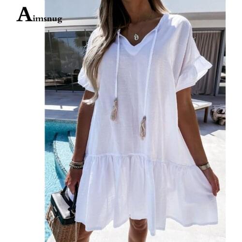 Aimsnug 2021 Summer Ladies Elegant Above Knee Dress Lace-up V-neck Beach Dresses Plus size Women Casual A-line Pleated Dress