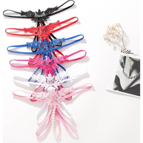 Fashion Womens Underwear Hollow Embroidery Sexy Thong Pearl Massage Open Crotch