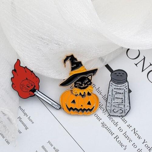 Fashion Design Pumpkin Matchstick Enamel Brooches For Women Girls Geometric Lapel Badge Pins Jewelry Halloween Party Gifts