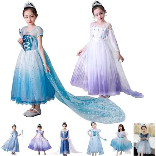 New Elza 2 Dress Girl Snow Queen Costume Role Play Ana Princess Fancy Dress Sequins Gowns Vestido Kids Party Cosplay Queen