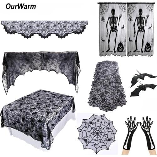 OurWarm Halloween Party Decor Cobweb Fireplace Scraf Black Lace Spiderweb Curtain Tablecloth Mantle Hanging Ghost Home Supplies