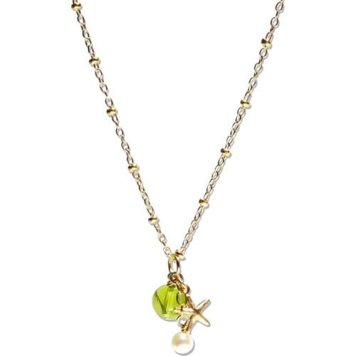 Lii Ji Natural Peridot Freshwater Pearl Starfish Charm 14K Gold Filled Chain Link Necklace 40cm+5cm August Birth Stone Jewelry