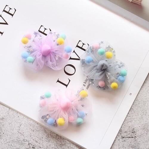 Retail 1pc Fashion Cute Pom Pom Glitter Star Bowknot Hairpins Solid Gauze Bow Hair Clips Princess Headwear Accessories