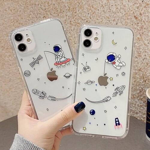 Cute Cartoon Transparent Silicone Phone Case For iPhone 11 12 Pro X Xr Xs Max 12 Mini 7 8 Plus Astronaut Star Space Shock Cover